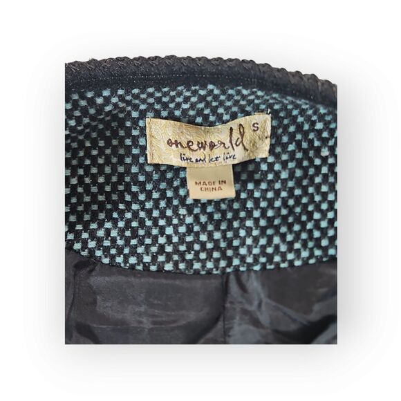 One World Teal Black Tweed Blazer S Poly Embordered Trim Zip Pockets Open Front - Picture 10 of 13
